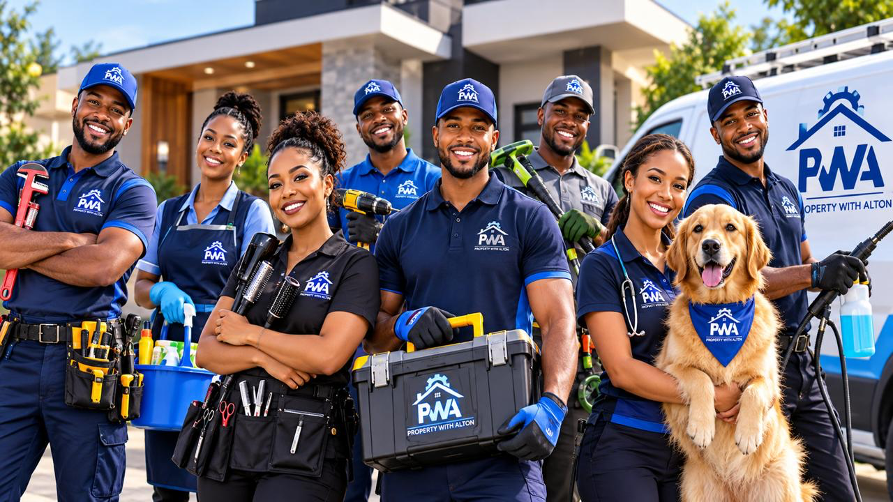 A smiling team of service professionals in PWA uniforms with tools and a golden retriever
